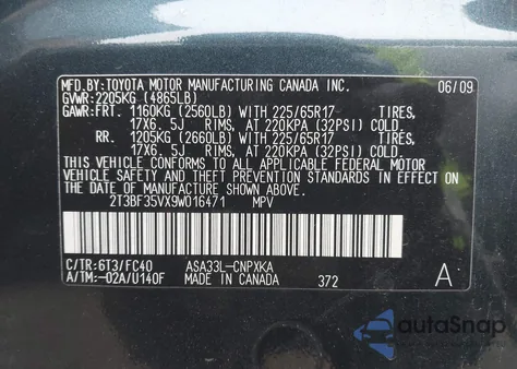 2009 Toyota Rav4 z USA, uszkodzony, nr VIN 2T3BF35VX9W016471